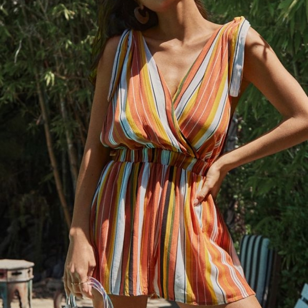 Orange Stripe Tie Shorts Romper